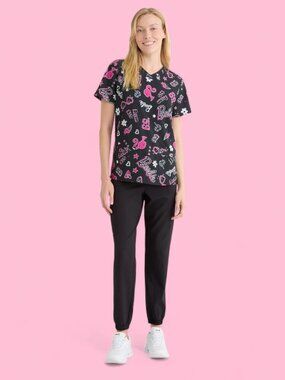 Barbie Scrub Top Women 3XL Small Black Pink Dream Medical Nursing Uniform